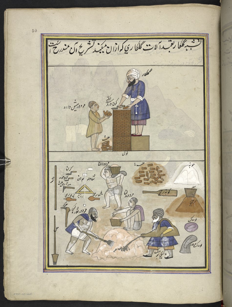 albañiles,  86 dibujos encuadernados en un volumen que representa oficios y ocupaciones en Cachemira, se muestra a los artesanos trabajando con sus implementos y equipos,  Por un artista de Cachemira, probablemente en Srinagar, c.1850-60 (gouache sobre pap de Indian School
