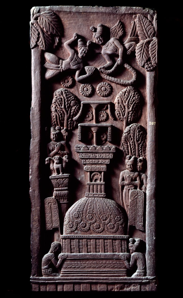 Budismo: “Mahaparinirvana, fin de la existencia terrenal del Buda, alcanzando el nirvana” (detalle) del stupa de Bharhut. Bajorrelieve de piedra negra, siglo II a.C. Kolkata, Museo Indio de Indian School