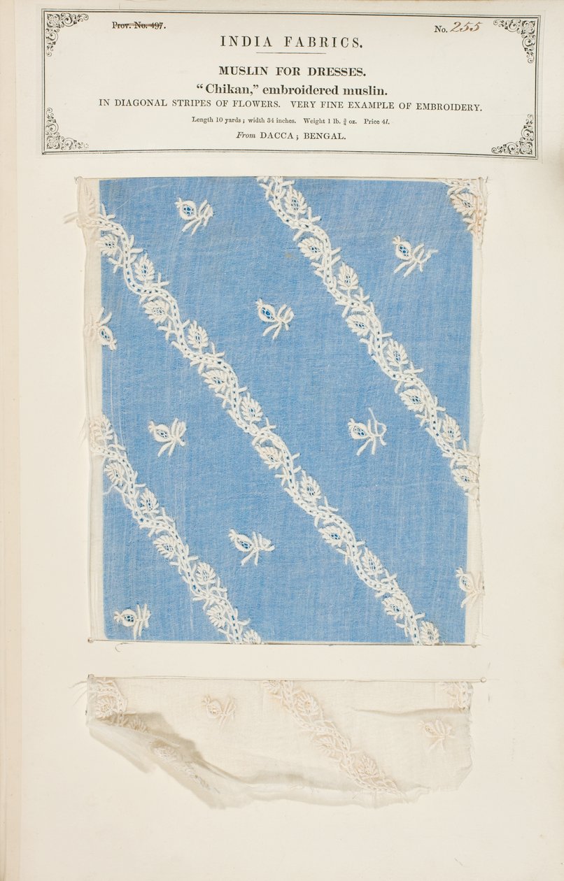 Muestra de muselina bordada Chikan de Dacca en Bengala, de La Colección de los Fabricantes de Textiles de la India, por John Forbes Watson, publicada en 1866 de Indian School