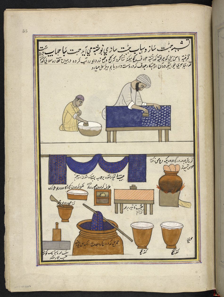 Estampador de telas con bloque manual y tintorero,  86 dibujos encuadernados en un volumen que representa oficios y ocupaciones en Cachemira, se muestra a los artesanos trabajando con sus implementos y equipos,  Por un artista de Cachemira, probablemente e de Indian School