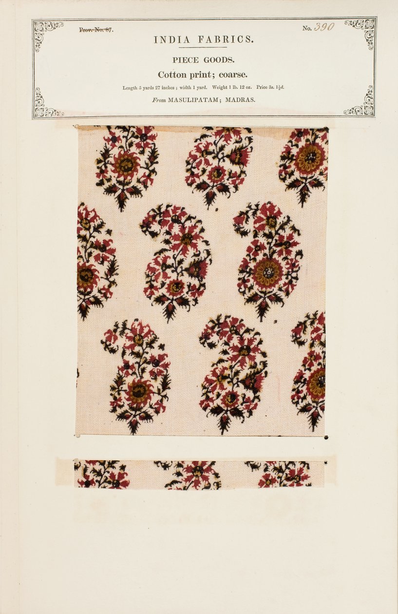 Muestra de algodón grueso estampado de Masulipatam en Madrás, de La Colección de los Fabricantes de Textiles de la India, por John Forbes Watson, publicada en 1866 de Indian School
