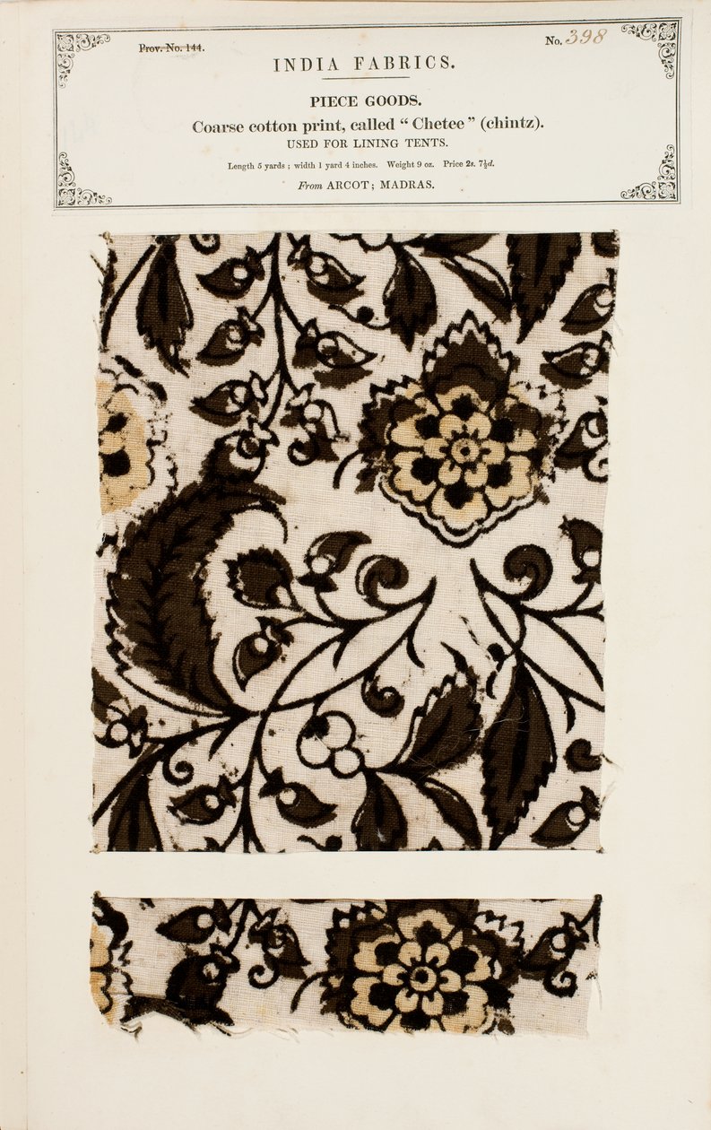 Muestra de algodón grueso con patrón chetee (chintz) de Arcot en Madrás, de La Colección de los Fabricantes de Textiles de la India, por John Forbes Watson, publicada en 1866 de Indian School