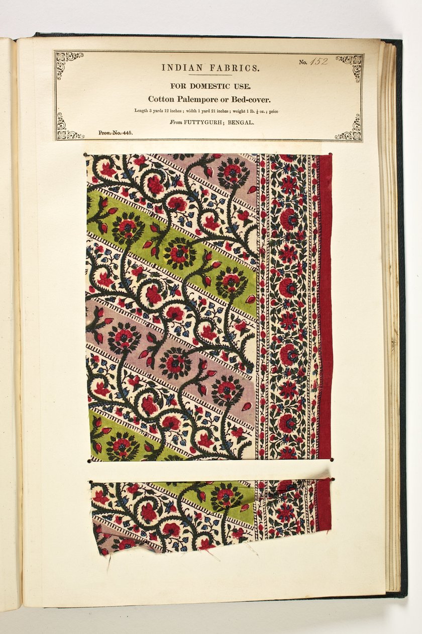 Palempore de algodón o cubrecama, Fatehgarh, Uttar Pradesh, India, para uso doméstico, No. 152 de "La colección de los fabricantes de textiles de la India", por John Forbes Watson, publicado en 1866 de Indian School