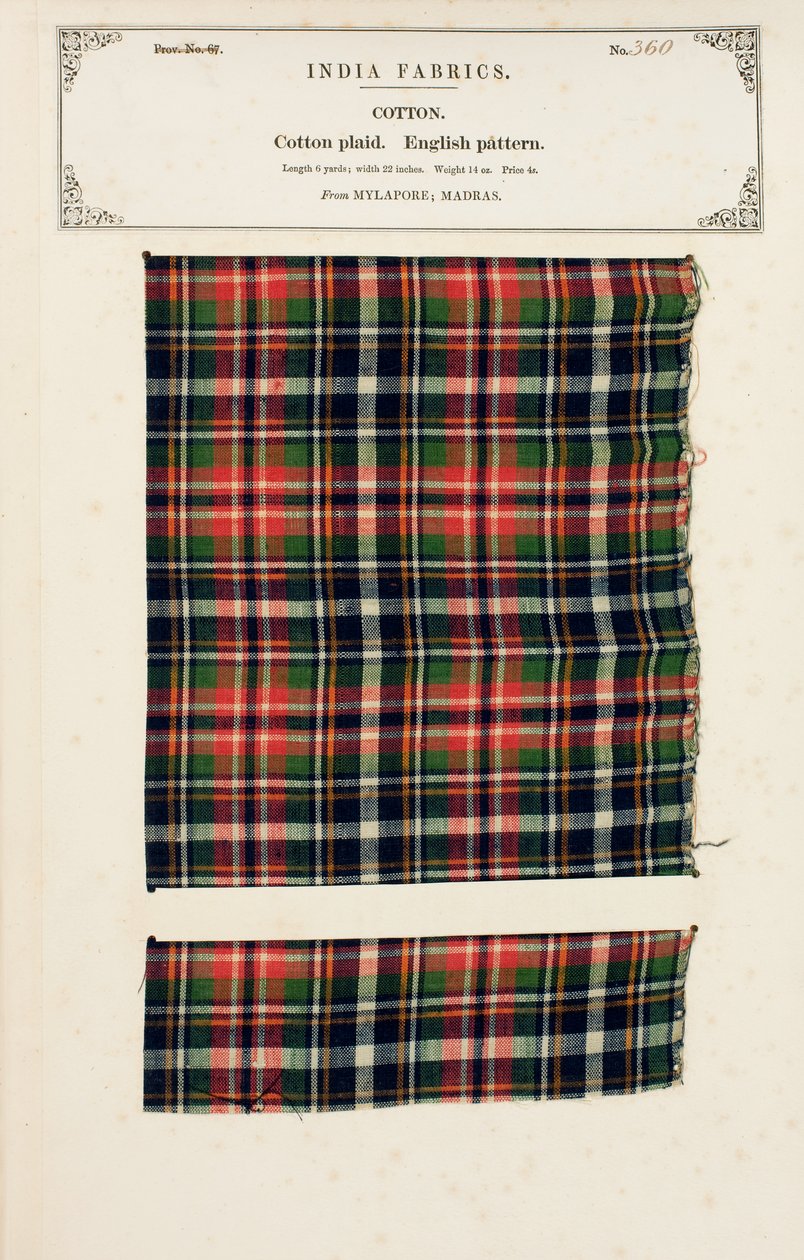 Muestra de algodón a cuadros de Mylapore en Madrás, de La Colección de los Fabricantes de Textiles de la India, por John Forbes Watson, publicada en 1866 de Indian School