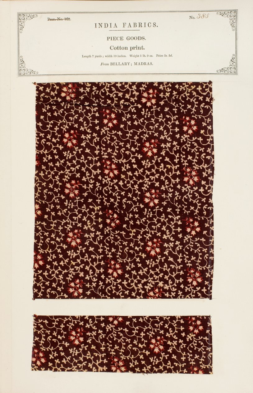 Muestra de algodón estampado de Bellary en Madrás, de La Colección de los Fabricantes de Textiles de la India, por John Forbes Watson, publicada en 1866 de Indian School