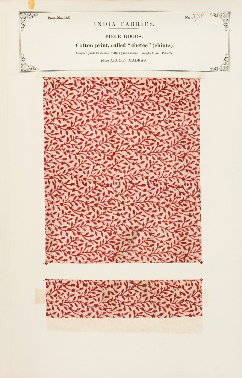 Muestra de algodón con estampado chetee (chintz) de Arcot en Madrás, de La Colección de los Fabricantes de Textiles de la India, por John Forbes Watson, publicada en 1866 de Indian School