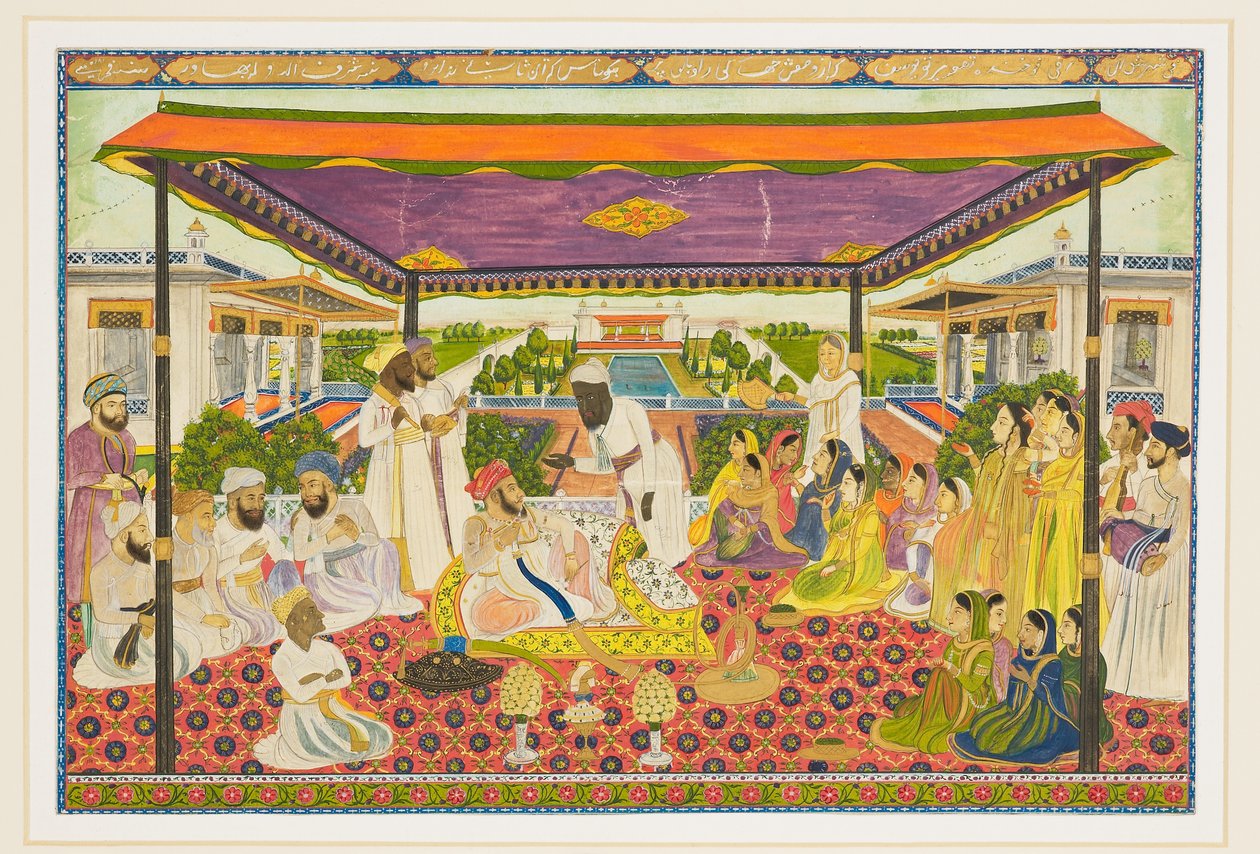 Escena cortesana con palacio panorámico y jardín de fondo de Indian School