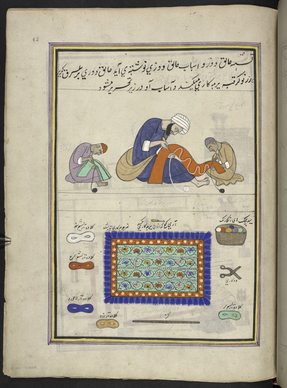 Artesanos bordando alfombras de fieltro ‘(namda),’  86 dibujos encuadernados en un volumen que representa oficios y ocupaciones en Cachemira, se muestra a los artesanos trabajando con sus implementos y equipos,  Por un artista de Cachemira, probablemente e de Indian School