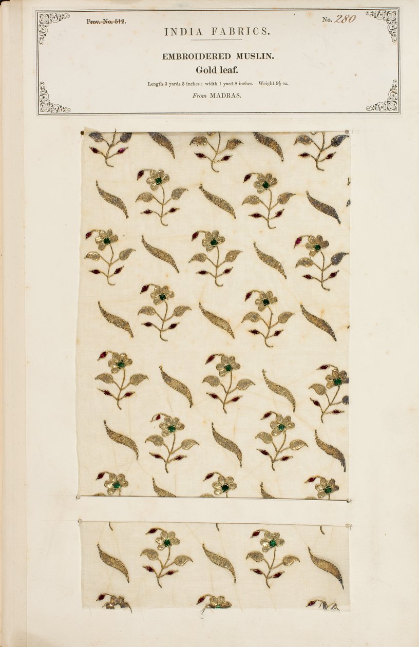 Muestra de muselina bordada de Madrás, de La Colección de los Fabricantes de Textiles de la India, por John Forbes Watson, publicada en 1866 de Indian School