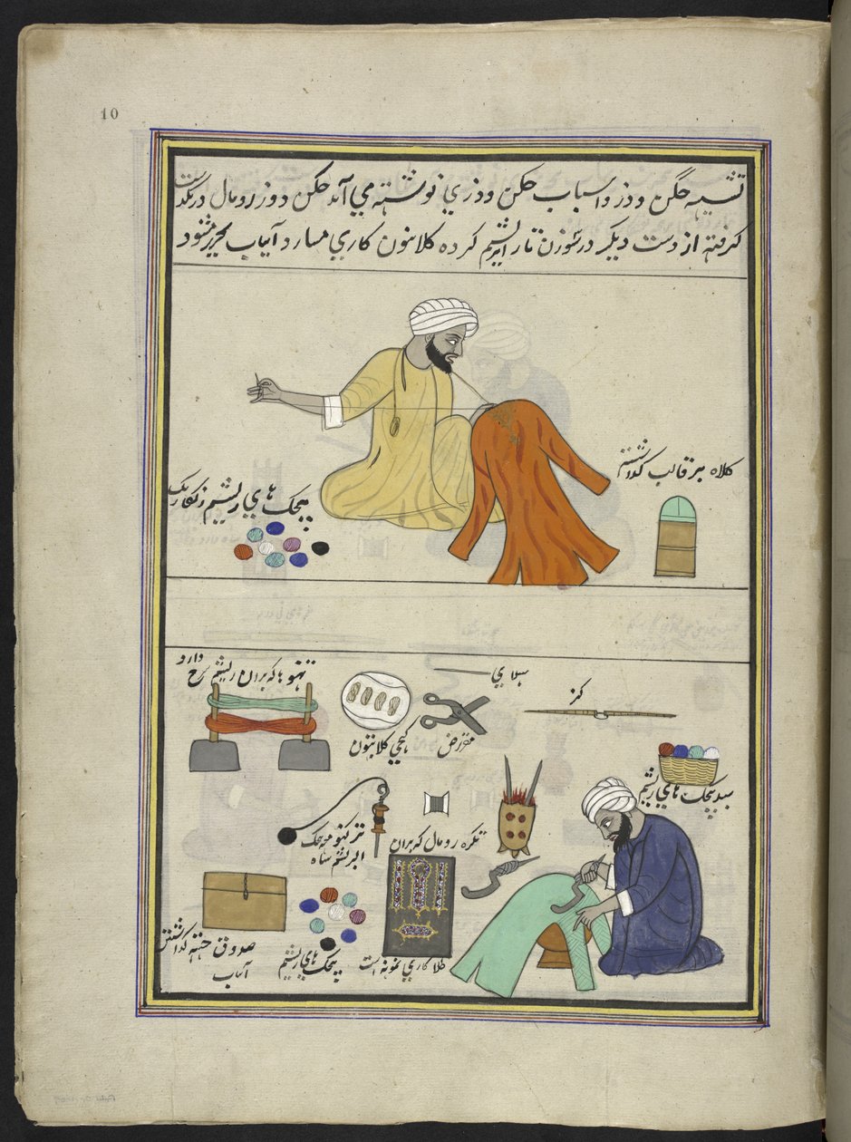 bordadora y gofradora,  86 dibujos encuadernados en un volumen que representa oficios y ocupaciones en Cachemira, se muestra a los artesanos trabajando con sus implementos y equipos,  Por un artista de Cachemira, probablemente en Srinagar, c.1850-60 (gouac de Indian School