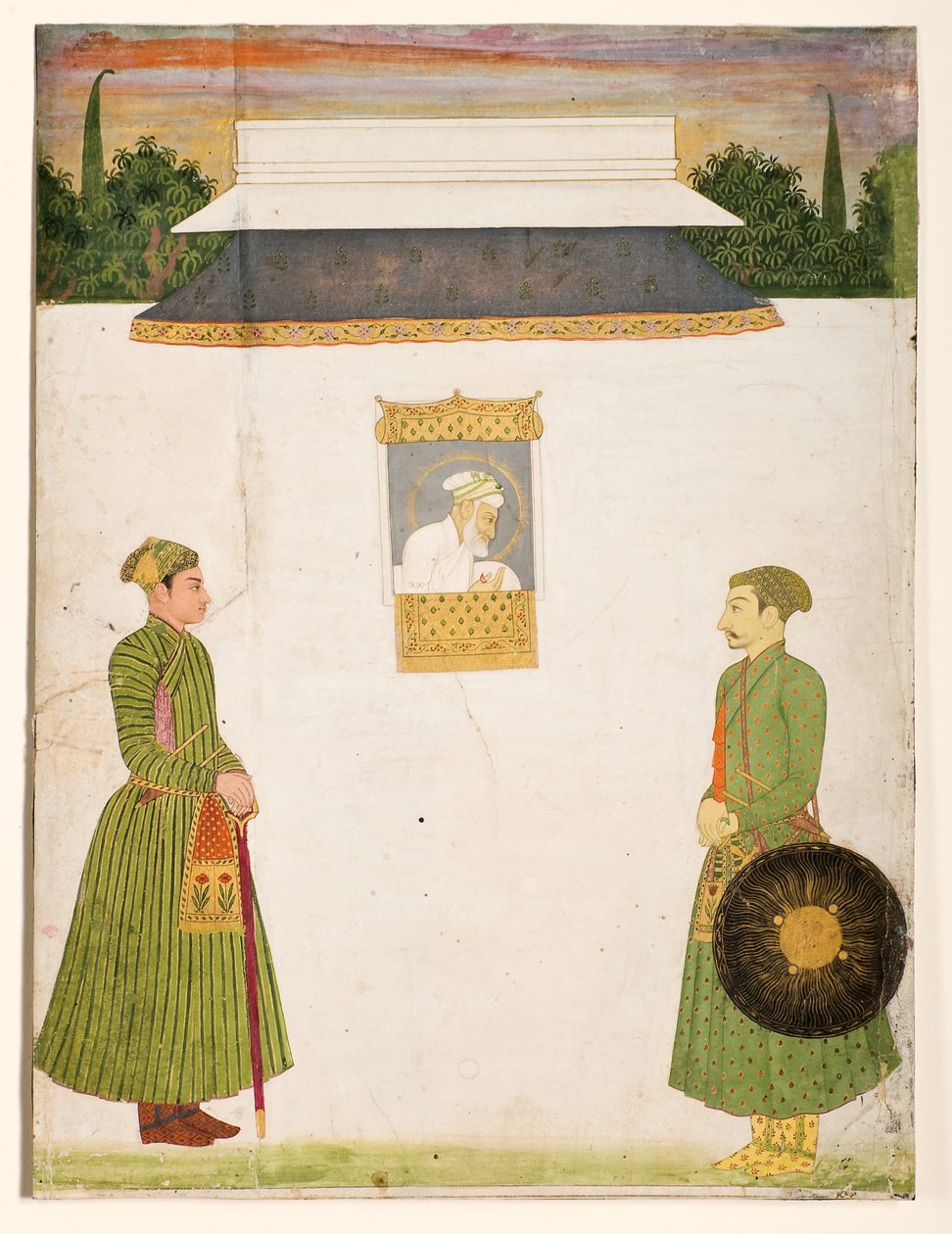 Emperador Aurangzeb en una ventana jharokha, dos nobles en primer plano, c.1710 de Indian School