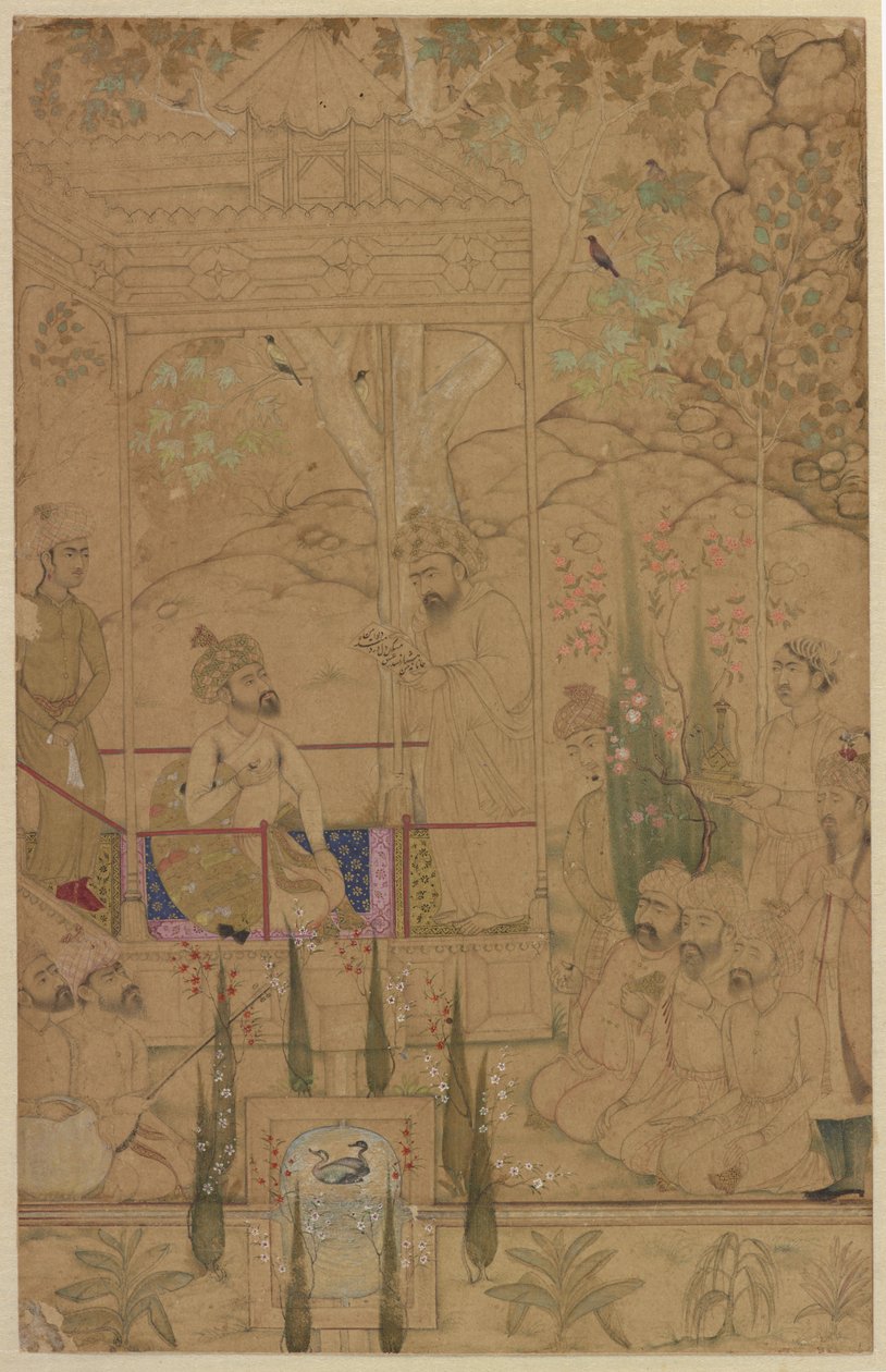 Emperador Babur con Asistentes en un Jardín, c.1590 de Indian School