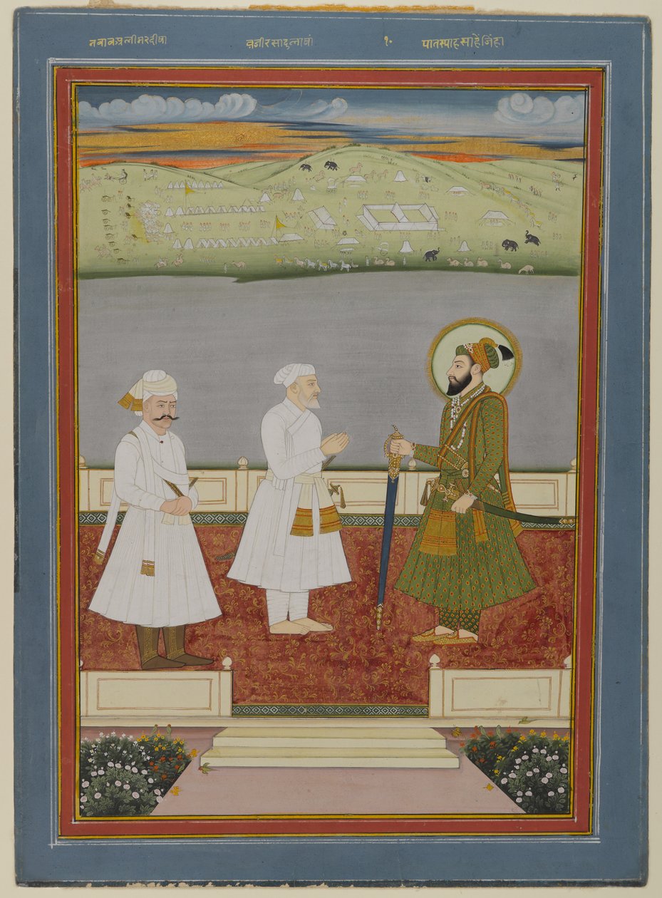 Emperador reuniéndose con cortesanos, principios del siglo XVIII (acuarela opaca y oro sobre papel) de Indian School