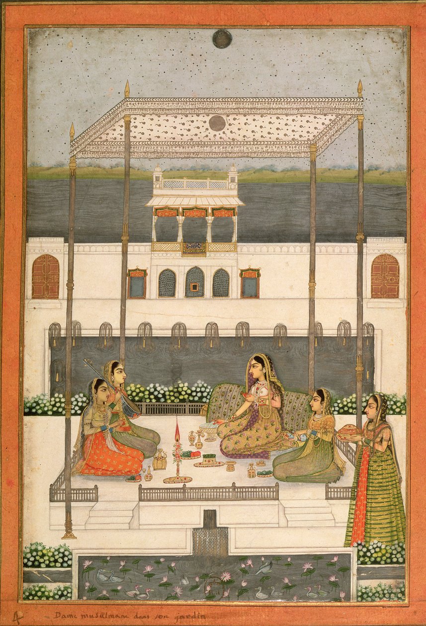 Fiesta vespertina en el jardín de un palacio mogol, Lucknow o Murshidabad, Bengala Occidental, 1760 de Indian School