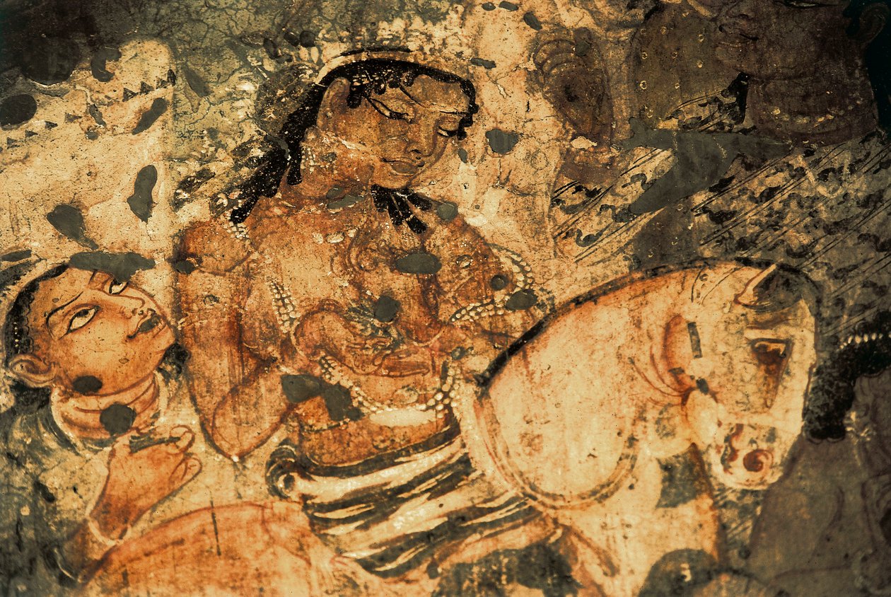 Figura de una mujer en el lomo de un caballo, pintura mural en las cuevas de Ajanta (número 1), período Gupta, siglo V-VI de Indian School