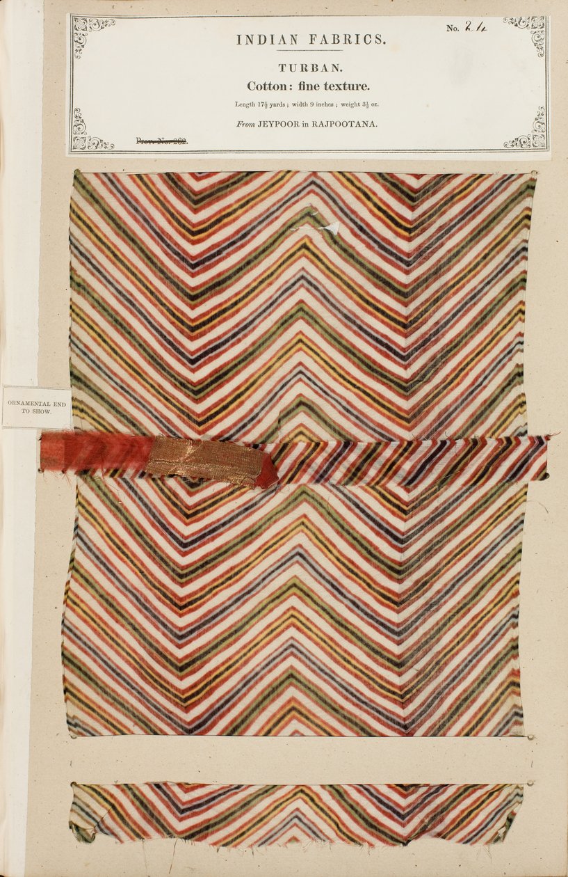 Muestra de turbante de algodón fino de Jeypoor en Rajpootana, de La Colección de los Fabricantes de Textiles de la India, por John Forbes Watson, publicado en 1866 de Indian School