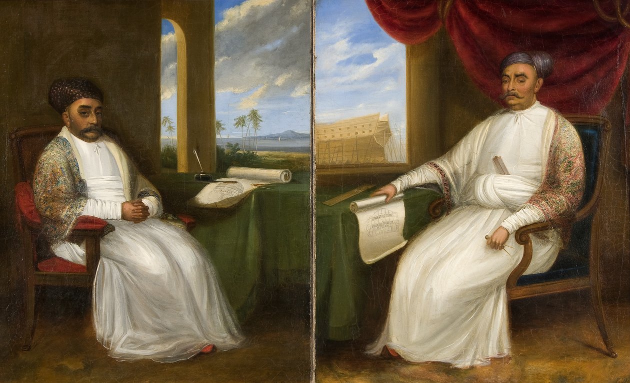 Retrato de cuerpo entero del maestro constructor de barcos parsi Jamsetjee Bomanjee y su hijo, Nourojee Jamsetsee, 1830 de Indian School