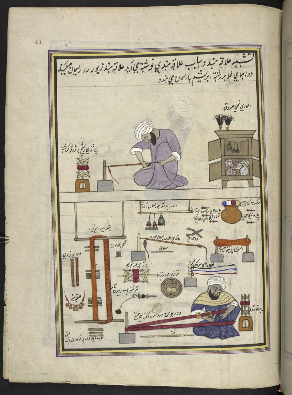 Cordilleras y trenzadoras de oro,  86 dibujos encuadernados en un volumen que representa oficios y ocupaciones en Cachemira, se muestra a los artesanos trabajando con sus implementos y equipos,  Por un artista de Cachemira, probablemente en Srinagar, c.185 de Indian School