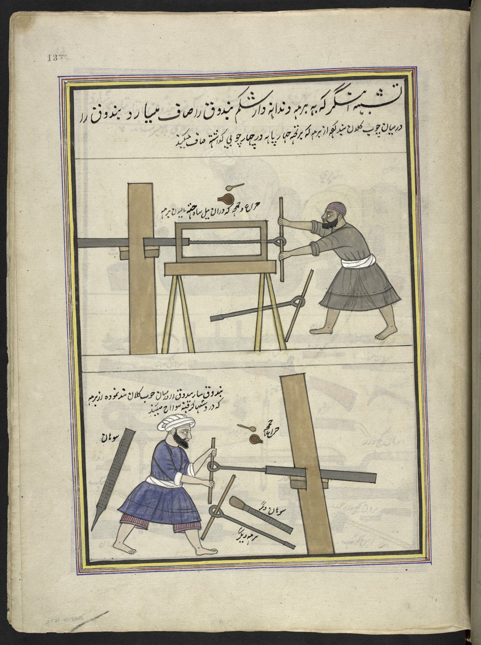 Armeros perforando el cañón de una pistola,  86 dibujos encuadernados en un volumen que representa oficios y ocupaciones en Cachemira, se muestra a los artesanos trabajando con sus implementos y equipos,  Por un artista de Cachemira, probablemente en Srina de Indian School