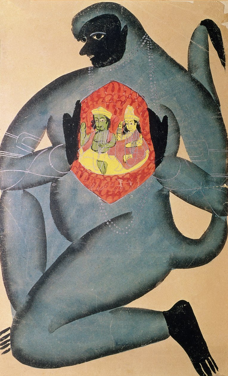 Hanuman revelando a Rama y Sita consagrados en su corazón, pintado por un miembro de la casta Patua, 1880 de Indian School