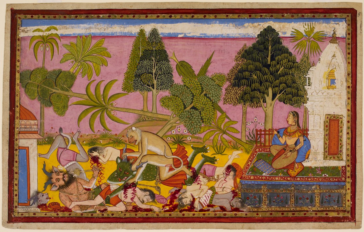 Hanumān ataca a los demonios, destruye el jardín del placer y derrota a las fuerzas de Rāvaṇa mientras Sītā observa. 1653 (miniatura) de Indian School