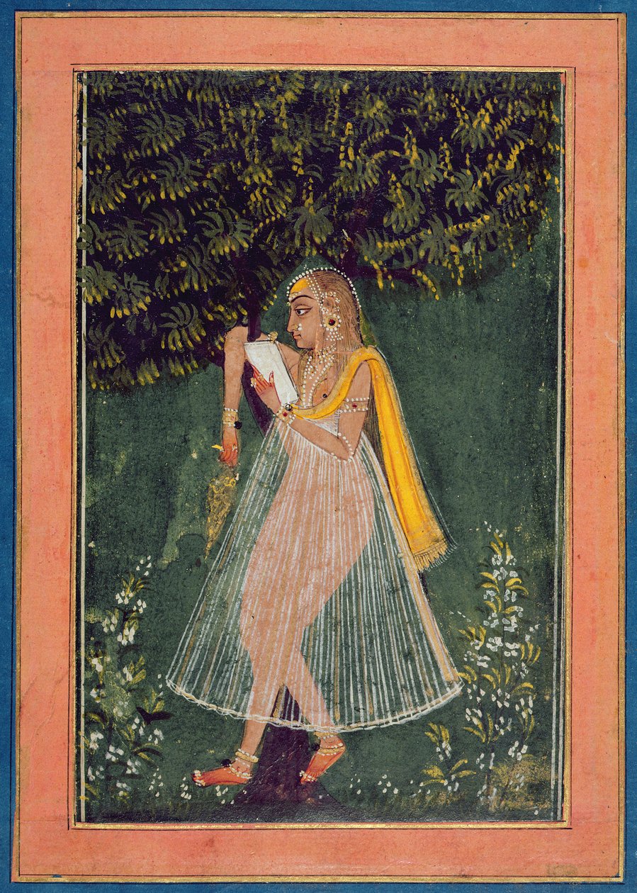 Dama hindú leyendo una carta de amor bajo un árbol (gouache, tinta y oro sobre papel) de Indian School