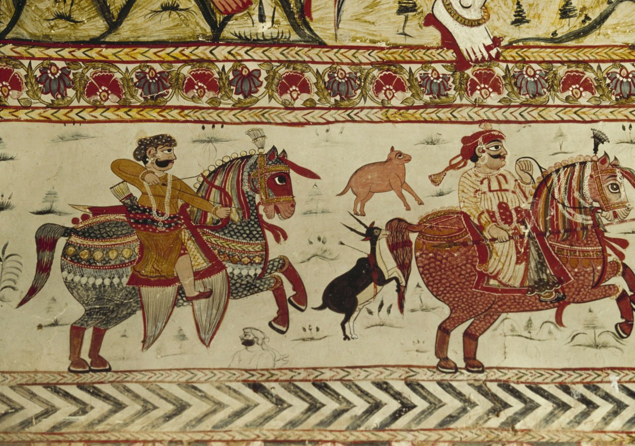 Escena de caza, templo Laxminarayan, Orchha, Madhya Pradesh, India de Indian School