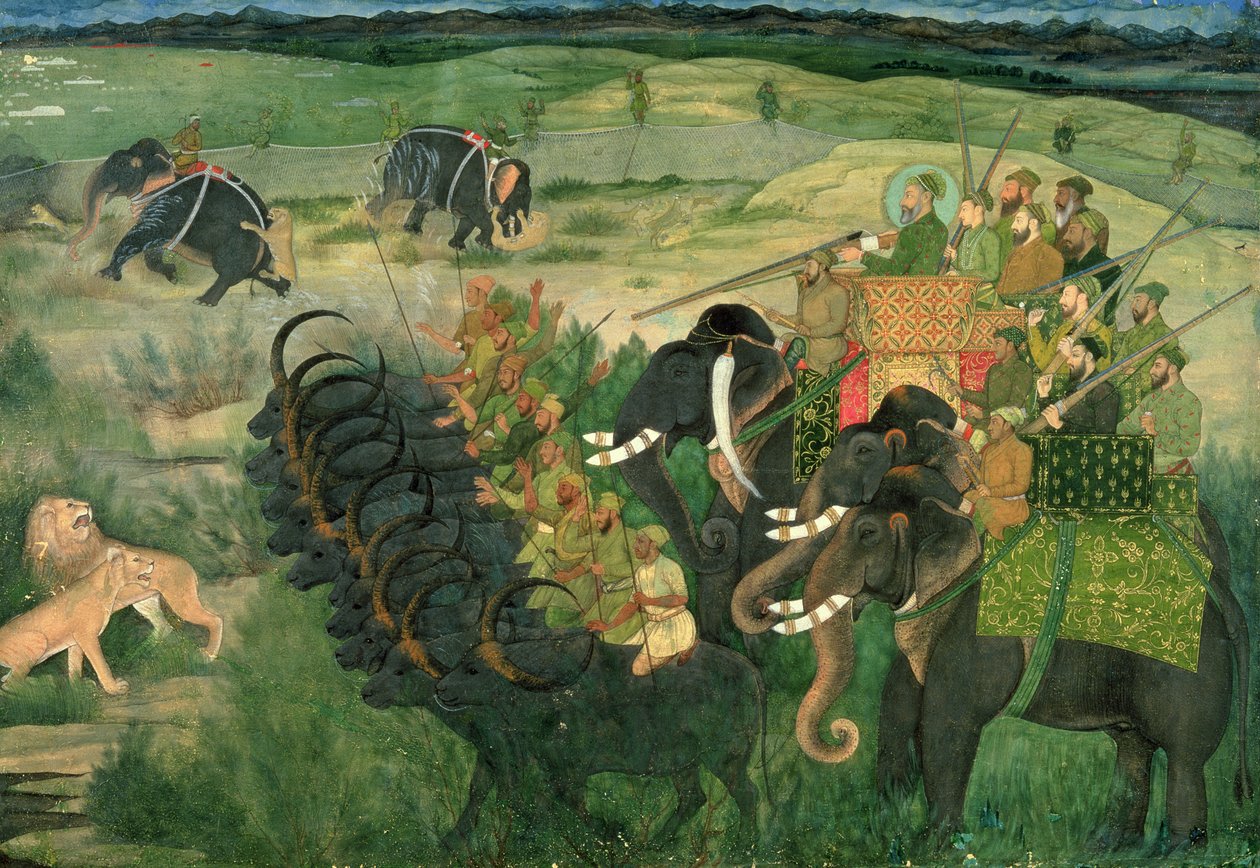 Aurangzib cazando leones de Indian School