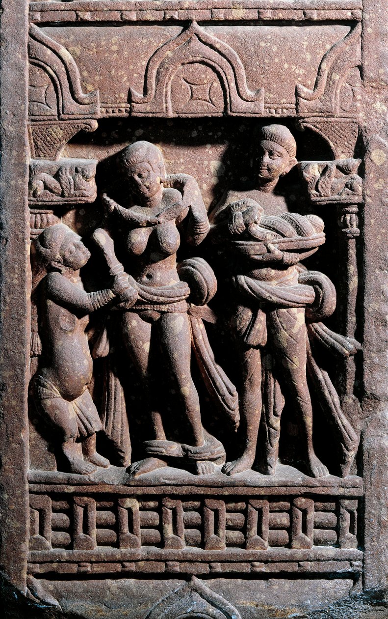 Arte indio: Sundarananda ayudando a Sundari en su aseo. Periodo Kouchane de Indian School