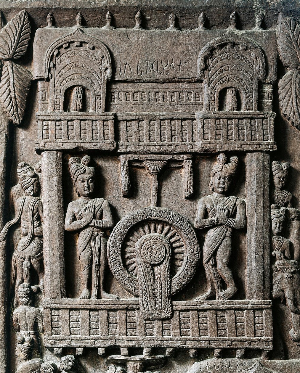 Arte indio, hinduismo: bajorrelieve que representa la última visita del rey Prasenjit II a Gautama Buda (Buda). Siglo II a.C. Kolkata, Museo Indio de Indian School