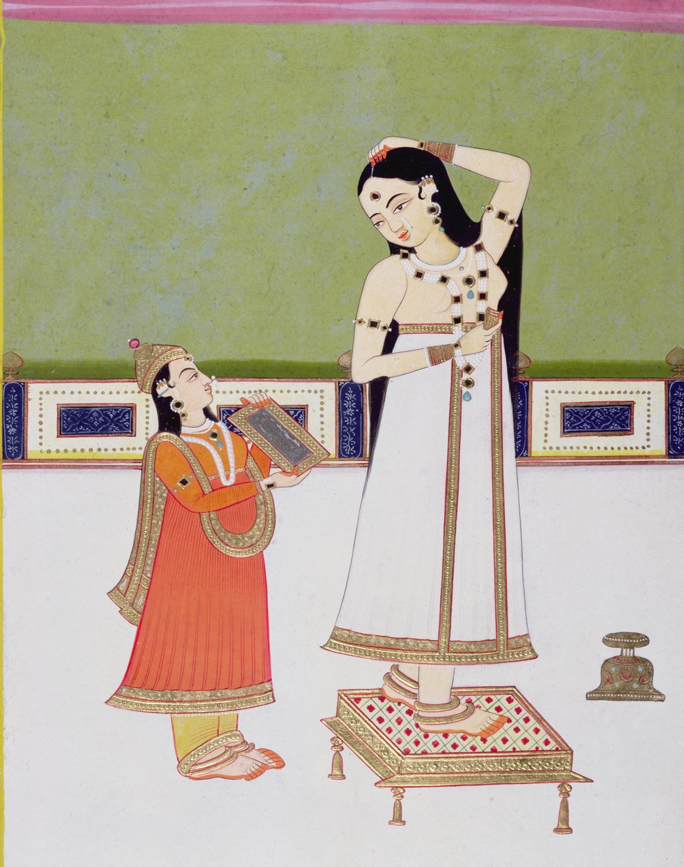Dama india en su tocador mirándose en un espejo de Indian School