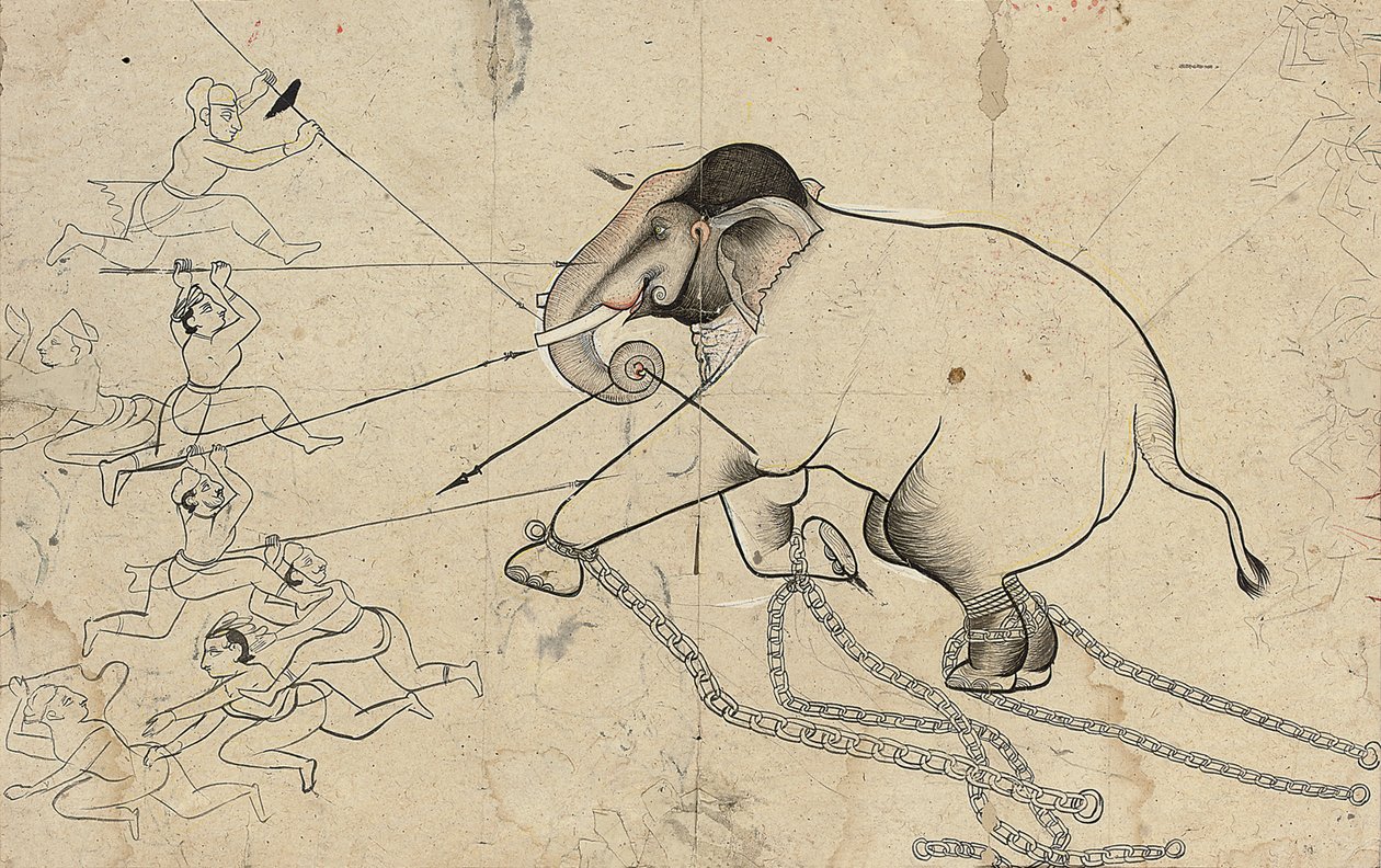 Isarda o Kotah, Dibujo Preparatorio del Domado de un Elefante de Indian School