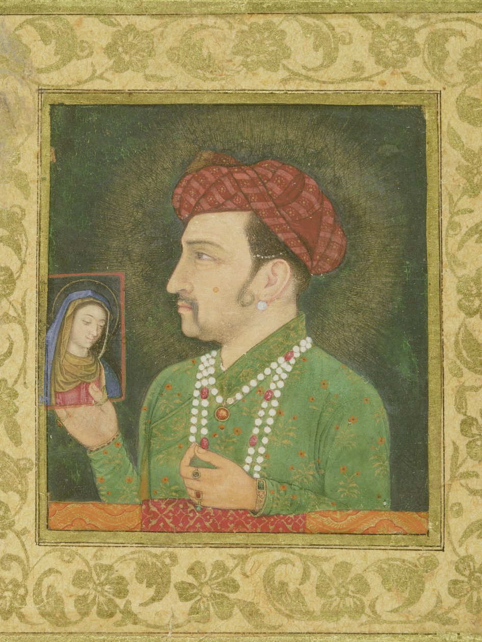 Jahangir sosteniendo una imagen de la Virgen, inscrita en persa: Janhangir Shah, mogol de Indian School