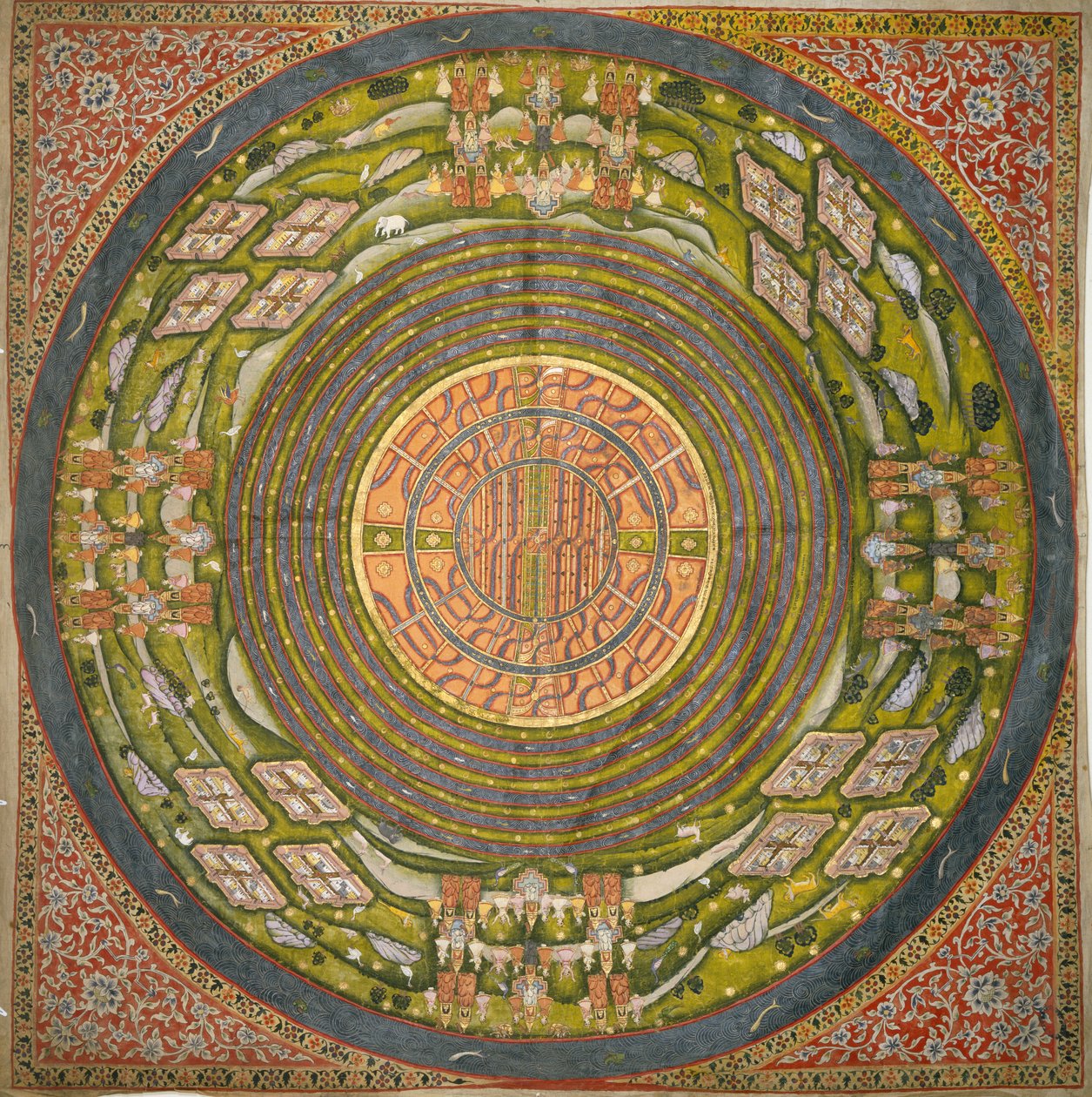 Diagrama jainista del universo (Jambudvipa) (gouache sobre tela de algodón) de Indian School