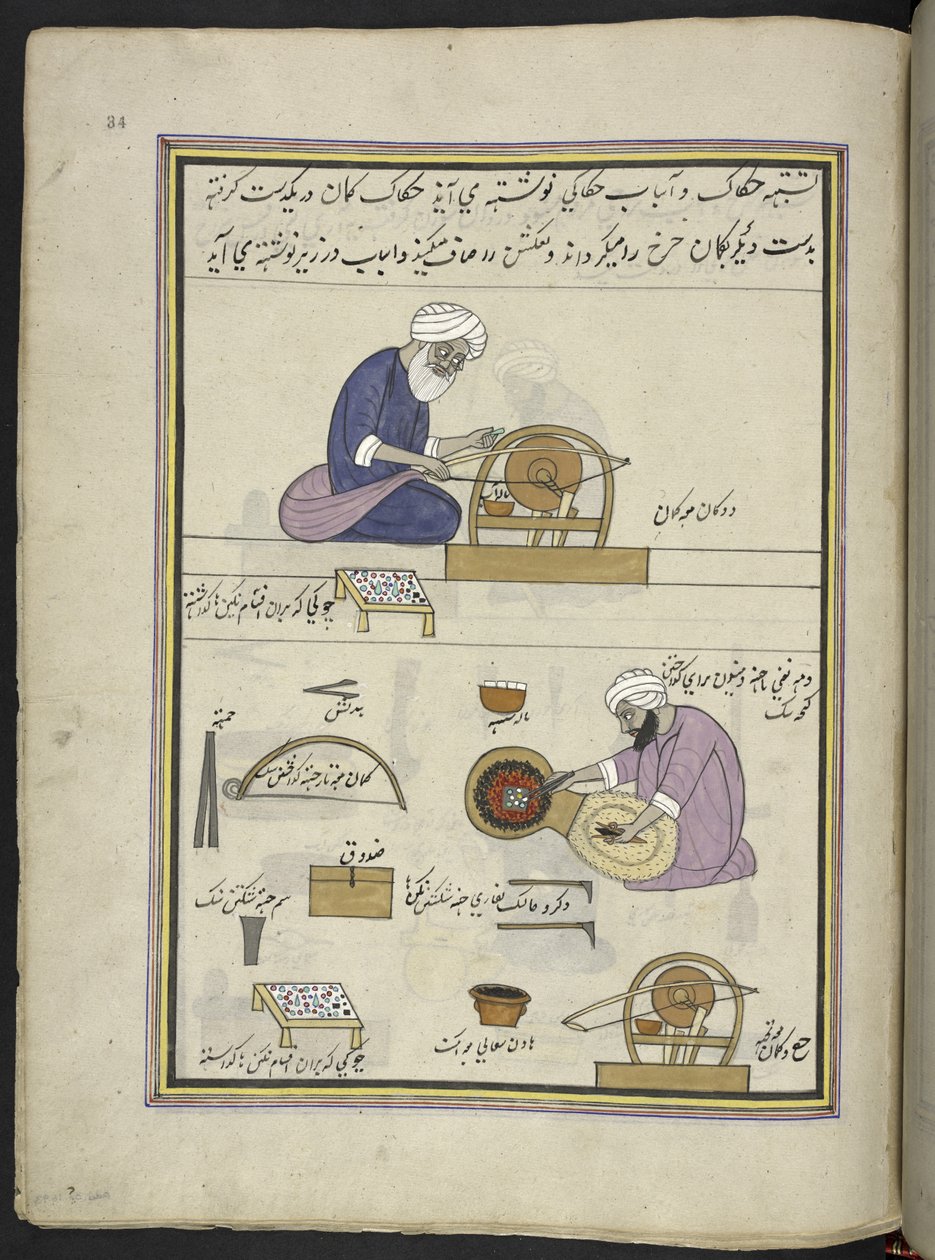 joyeros puliendo gemas,  86 dibujos encuadernados en un volumen que representa oficios y ocupaciones en Cachemira, se muestra a los artesanos trabajando con sus implementos y equipos,  Por un artista de Cachemira, probablemente en Srinagar, c.1850-60 (goua de Indian School