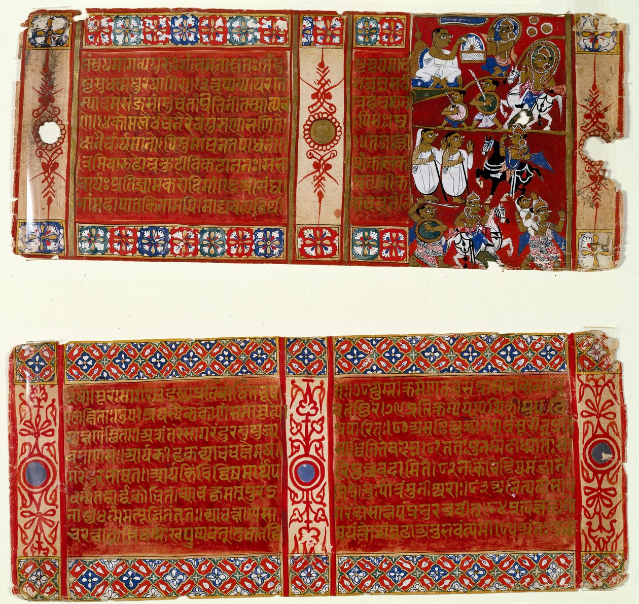 Kalaka se Convierte en Monje Jainista; Kalaka Secuestra a la Monja, dos Hojas de un Manuscrito Jainista Disperso del Kalakacharya-katha, Uttar Pradesh, c.1465 de Indian School