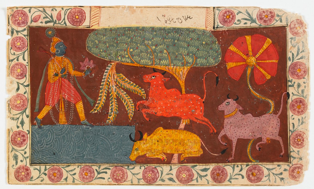 Krishna y vacas en un estanque, de un Bhagavata Purana de Indian School