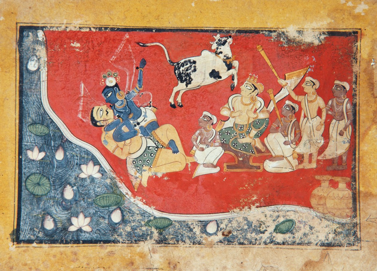 Krishna derrota a un demonio junto a un río de Indian School