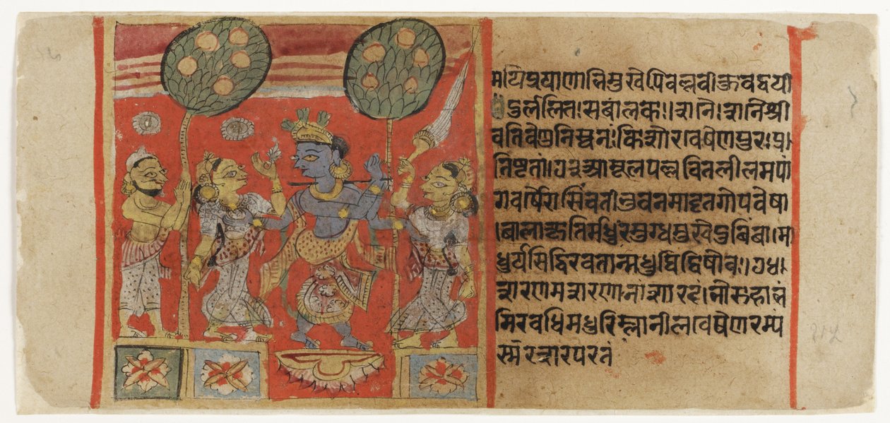Krishna tocando la flauta ante dos gopis, con un devoto observando, del Balagopalastuti c.1450 de Indian School