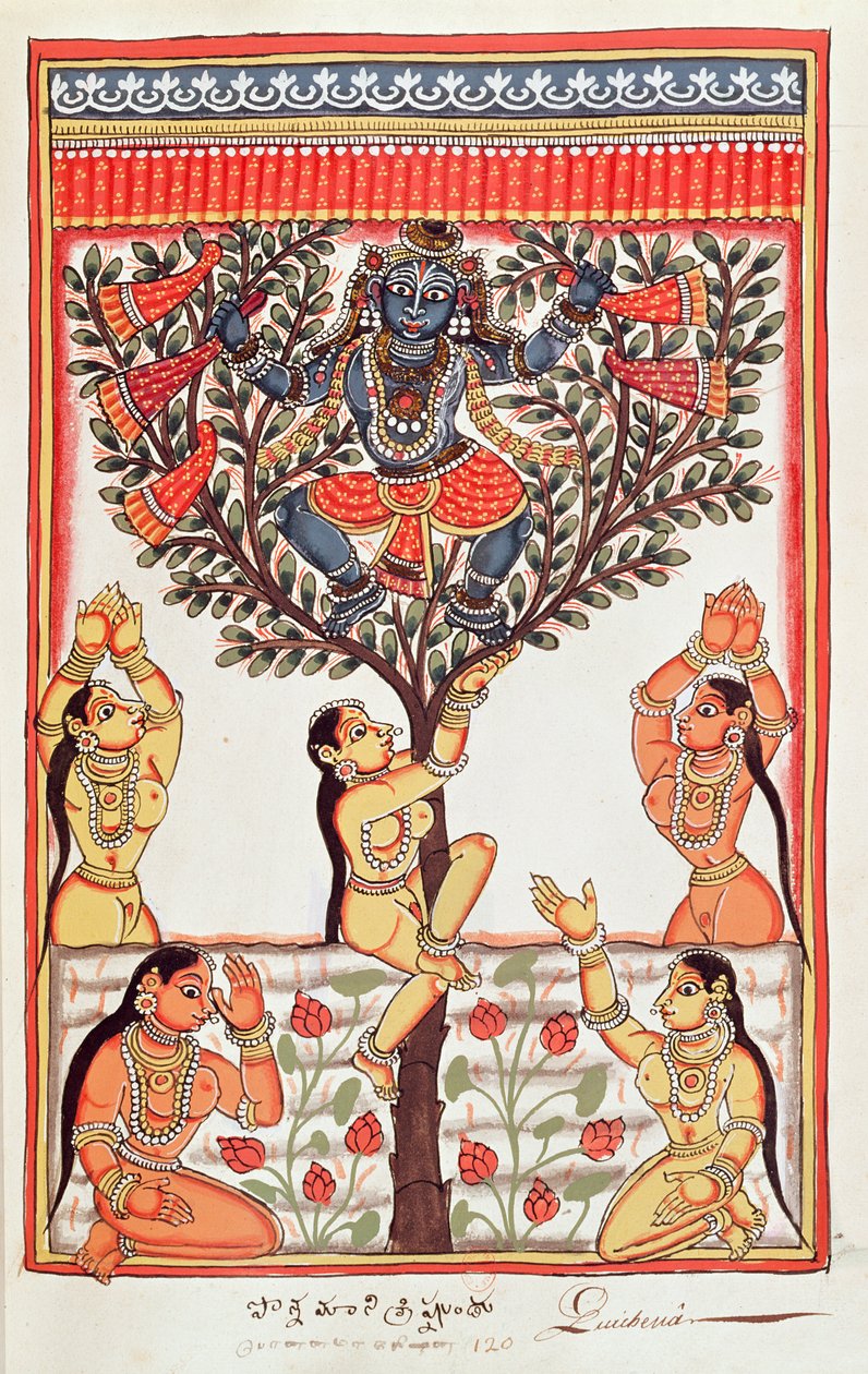 Krishna robando la ropa de las Gopi que nadan en el Río Yamuna de Indian School