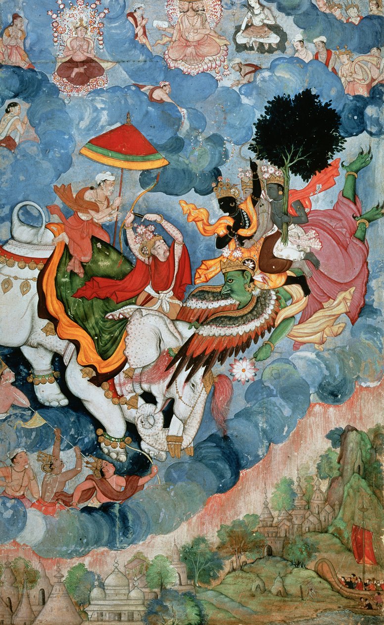 Combate de Krishna con Indra, c.1590 de Indian School