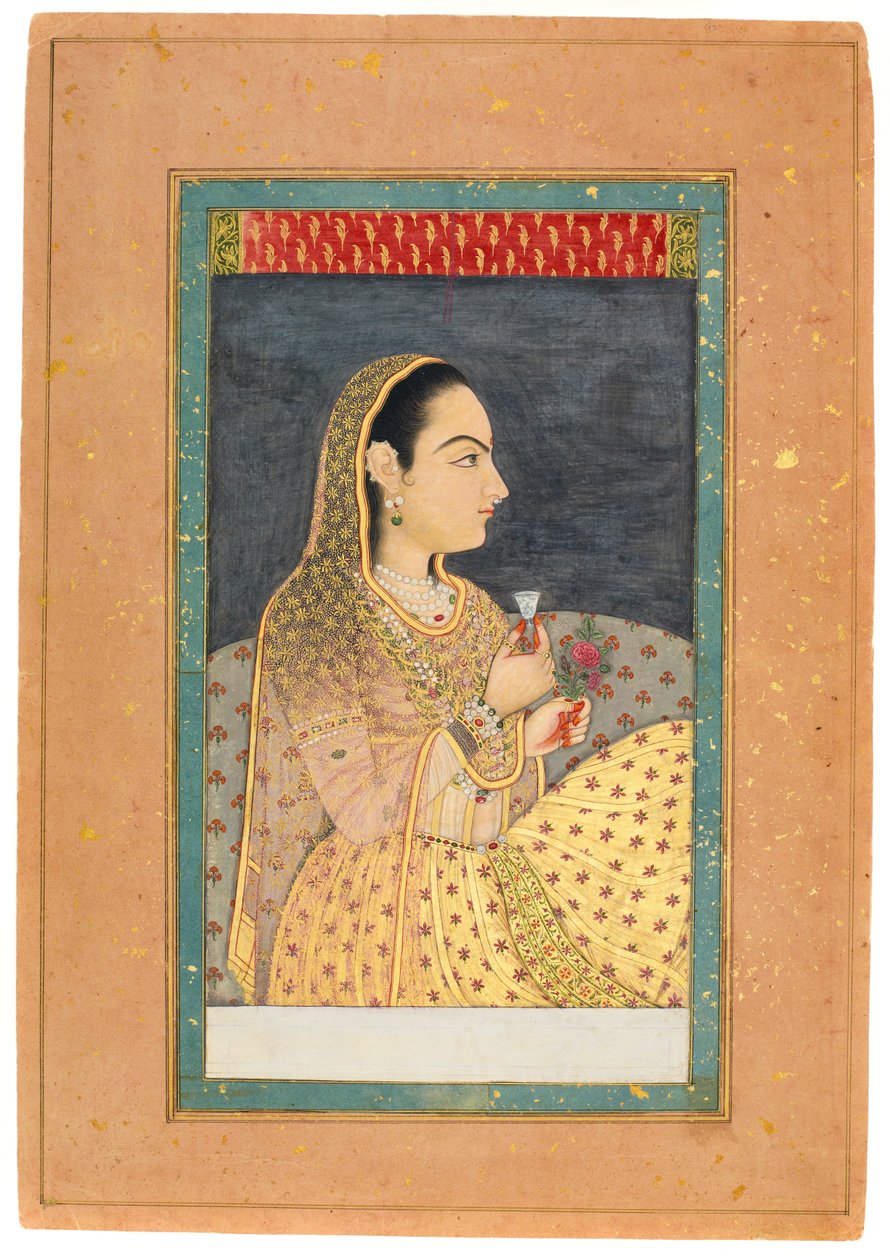 Dama sosteniendo una copa y una flor, principios del siglo XVIII de Indian School