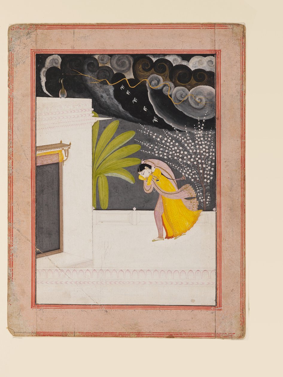 Dama en una terraza buscando refugio de las lluvias, principios del siglo XIX (gouache con oro sobre papel) de Indian School