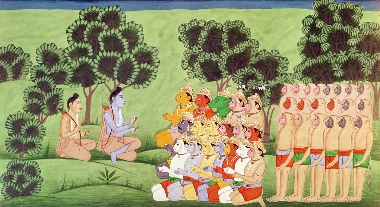 Lakshmana consultando a los jefes de los ejércitos de monos, del Ramayana de Indian School