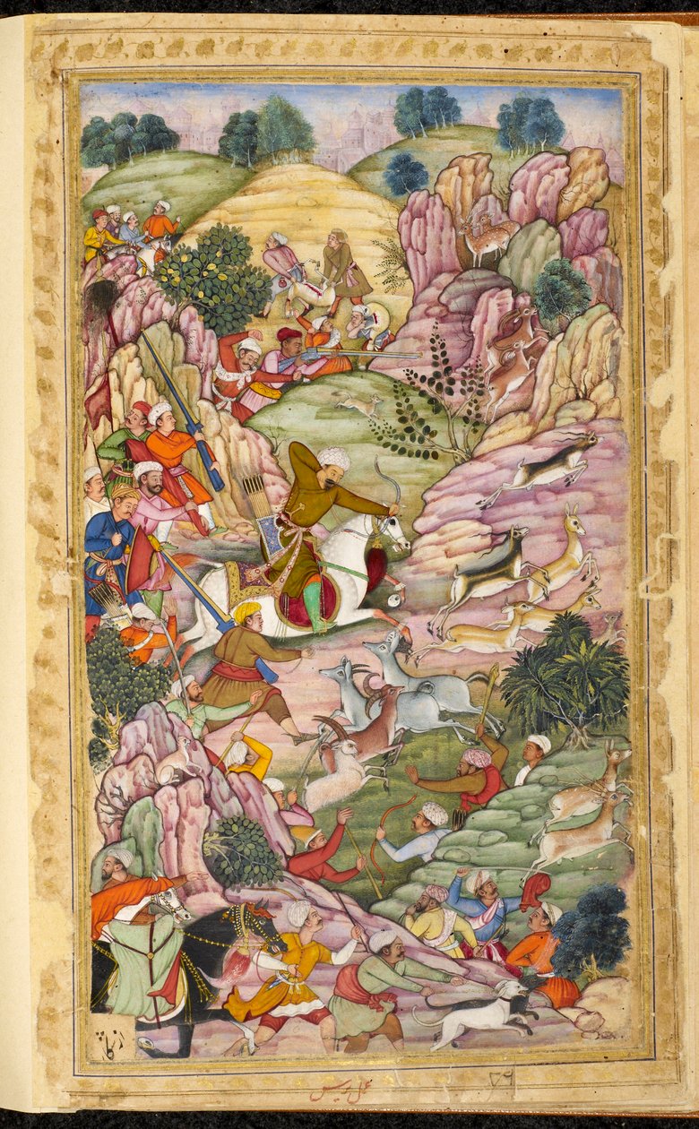 Caza del emperador Babur, entre Ali Shang y Alangar, en la región de Kabul (Afganistán). Miniatura del manuscrito persa Vaqi at i Baburi, Memorias del emperador mogol Babur (Zahir ud din Muhammad) (1483-1530), India, hacia 1590. La Libra británica de Indian School