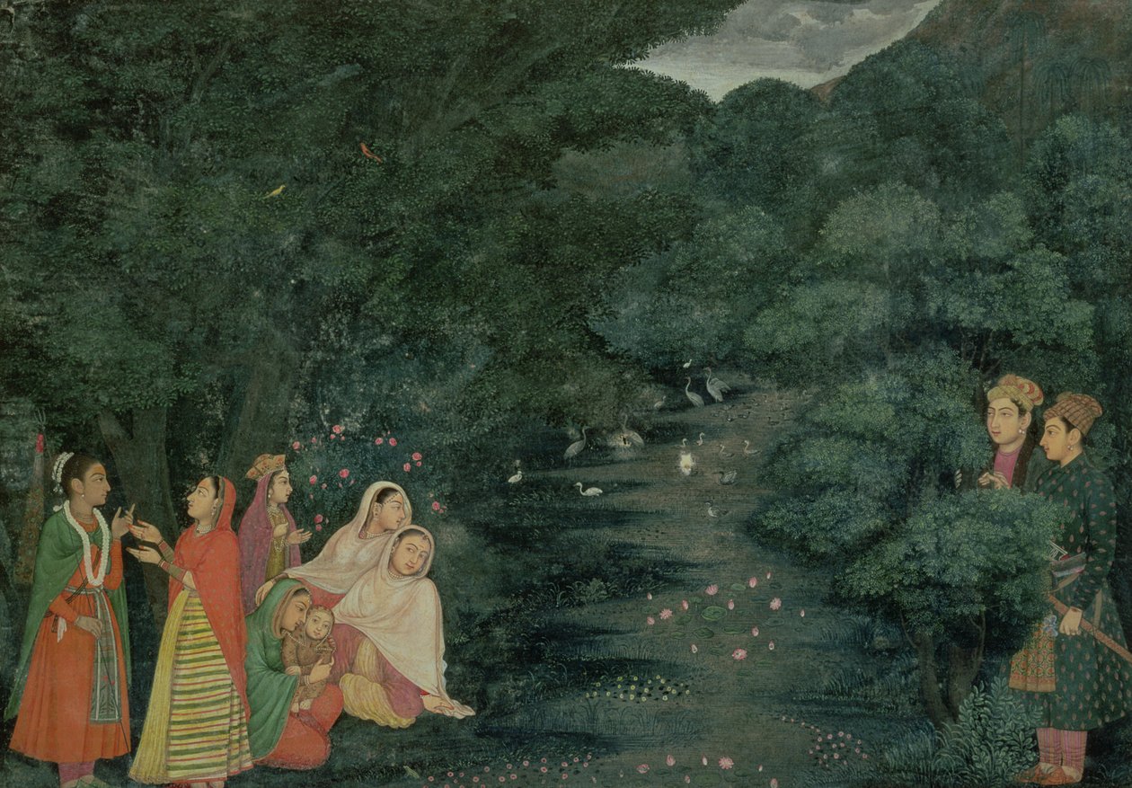 Mujeres y un niño junto a un arroyo en un bosque de noche, observados por dos nobles, Lucknow, Escuela de Mihr Chand, c.1760 de Indian School