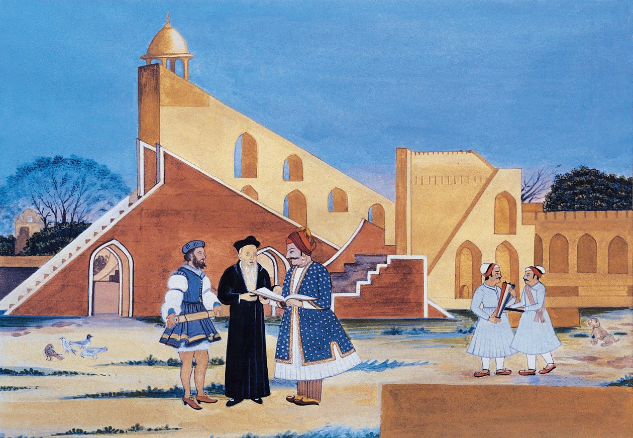 Pintura del Maharajá Sawai Jai Singh II, Jantar Mantar, Jaipur, Rajastán, India (acuarela sobre papel) de Indian School