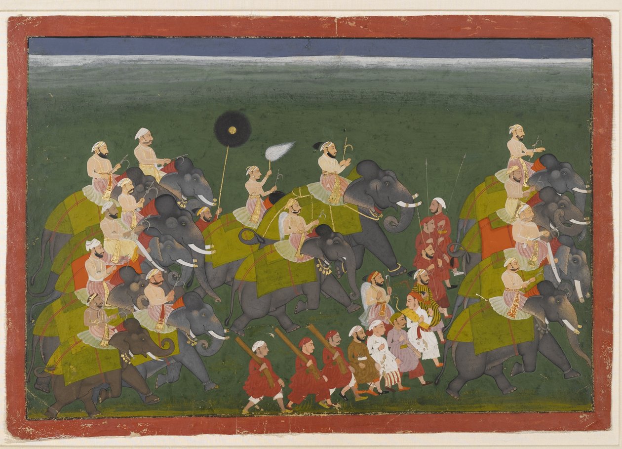 Maharana Sangram Singh de Mewar en una procesión de elefantes, Udaipur, Rajasthan, c.1730-40 de Indian School