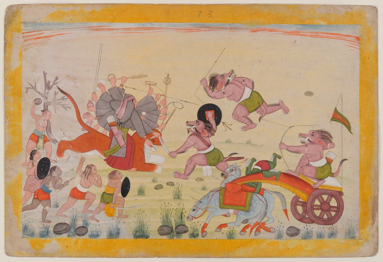 Mahasura ataca a la Devi, folio de una serie dispersa Devi Mahatmya, c.1770-80 de Indian School