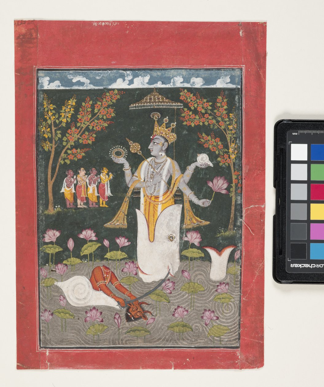 Matsya Avatar de Vishnu: The Slaying Of Sankh Asura (gouache y pan de oro sobre papel) de Indian School